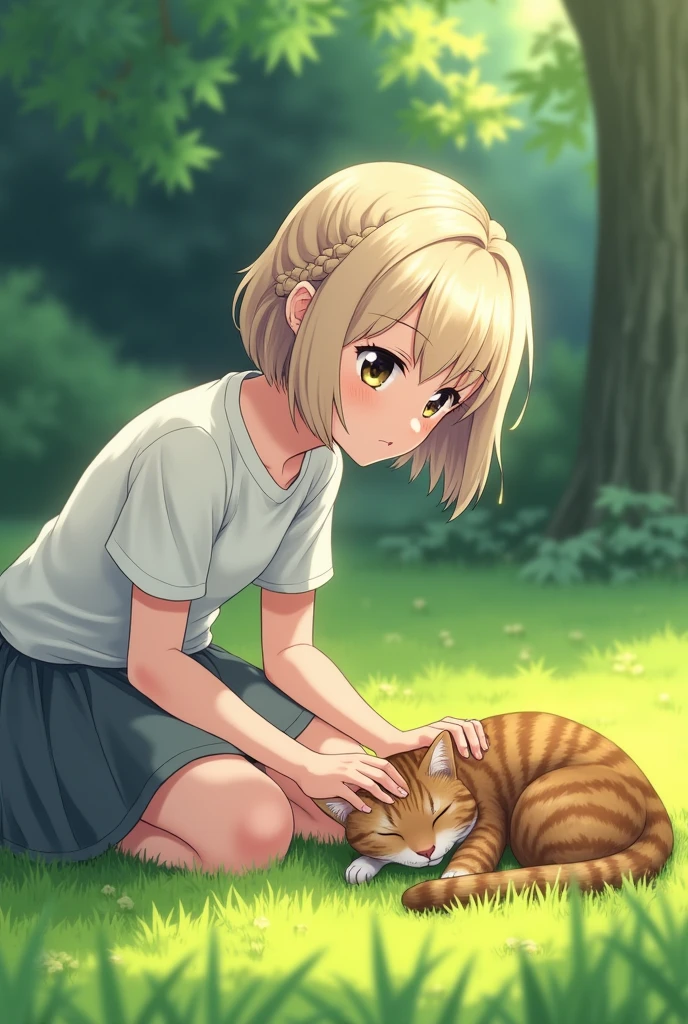 Highest quality、High resolution、Detailed Background、Beautiful face in every detail:、Anatomically correct、10-year-old anime girls、Normal number of fingers、Highly detailed face、Detailed eyes、Huge breasts、Perfect body line、Light color hair、Braided bob cut、Braided Ponytail、cute仕草、A girl with a gentle gaze、
A brown tabby cat was sleeping peacefully in front of a girl standing in a quiet park.、
The girl looks at the cat with a gentle gaze、Slowly approaching, snuggling up、
The cat noticed the girl's gentle gesture、He slowly opened his eyes and looked back at the girl.、
The girl gently stroked the cat's head, and the cat closed its eyes as if in comfort.、
It's enough just to feel each other's presence in silence.、
The girl looked at the cat's gentle expression.、She suddenly smiled.、
The love for small lives、It was a moment when I felt the preciousness of life.、cute