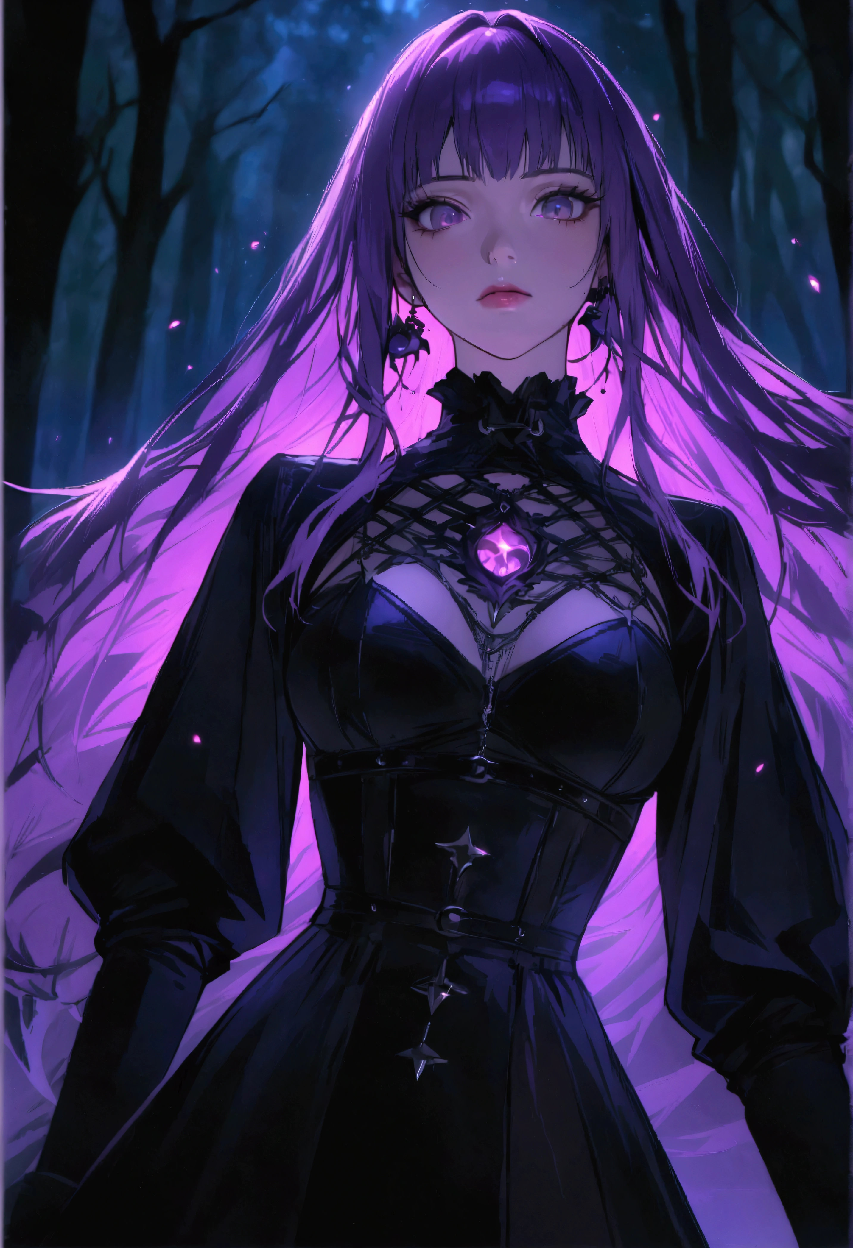 araffe woman with purple hair and a black dress in the woods, witchy clothing, portrait of a goth , witch in the woods, evil fire sorceress in the woods, woman in a dark forest, witchcore clothes, fashionable dark witch, gothic clothing, wearing gothic accessories, wearing a gothic dress, cinematic lighting (best quality:1.2)detailed, 4k, particles in the air, dynamic