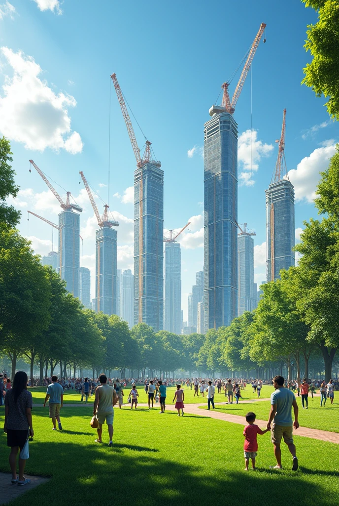 A render of a central park with families enjoying themselves, surrounded by future construction, from peru realistic image