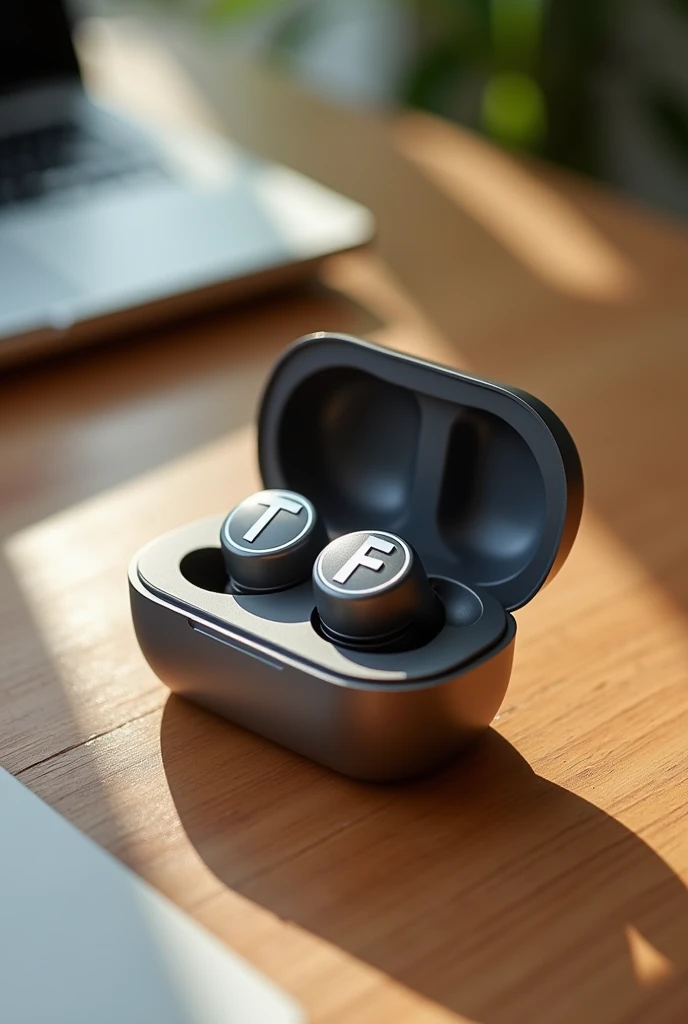 Silver bluetooth headset with charging case, with the letters ( F N ) printed in black and white