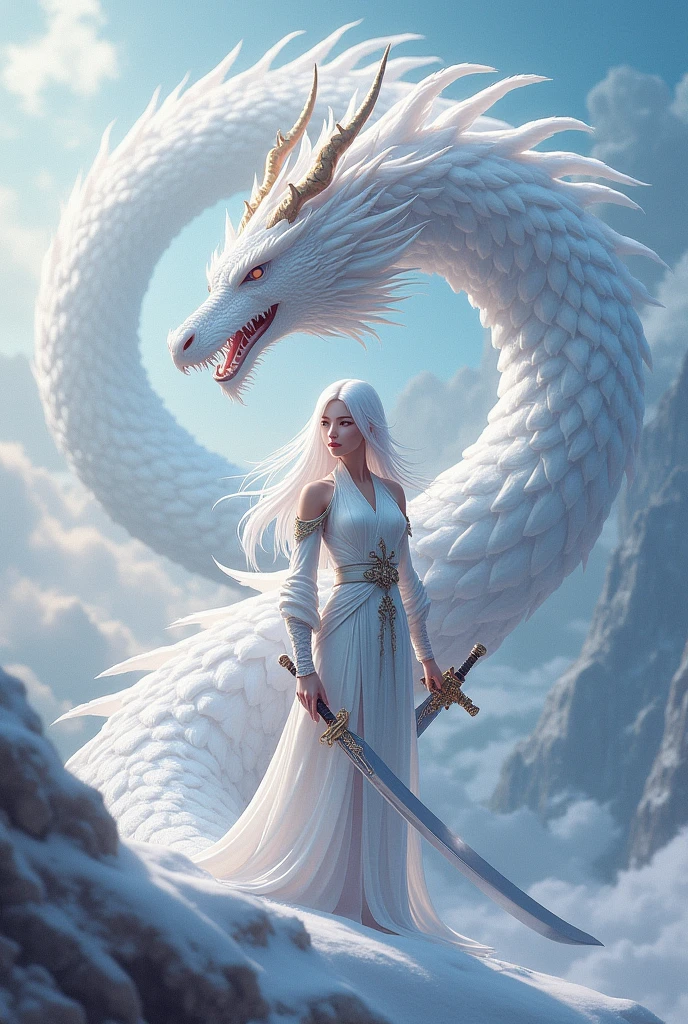 A beautiful girl in white clothes, long white hair and a giant white dragon on the side.