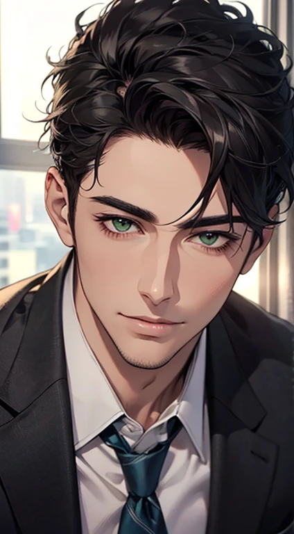 (Highest quality,4K,8K,High resolution,masterpiece:1.2),Super detailed,(Realistic,photoRealistic,photo-Realistic:1.37),1 person,34 years old,Mature Men,Beautiful skin、very handsome,Expressionless smile in love,Short gray Black hair,green eyes,Sharp Eyes,A perfect face without a doubt,Businessman, CEO, Office Background,Cinema Lighting,HDR image,tie、