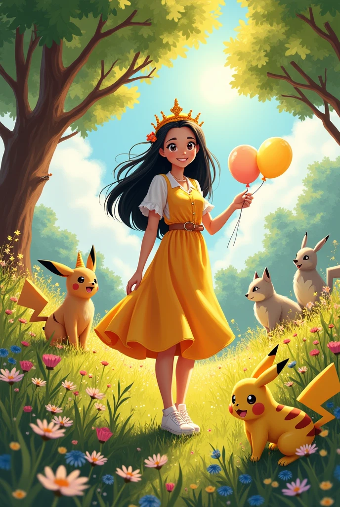 CREATE A BIRTHDAY ART OF A WHITE WOMAN WITH BLACK HAIR, LEO SIGN, IN NATURE AND WHO LIKES POKEMONS