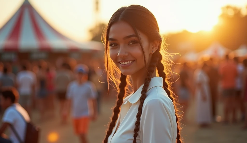 ((THE MOST BEAUTIFUL GIRL IN THE WORLD),, (AGE 22 YO), (LARGE BREASTS CAN NOT BE VIEWED BY VIEWER), (SEPARATED CLEAVAGE),(CUTE SMILE LIPS PARTIALLY OPEN SEE TEETH),RAW, Neelam Gill, She is wearing a headphone, Beautiful Woman, player's perspective, Lens Flare, f/2.8, 50mm, Leica, Braids, (Masterpiece, Top Quality, High Resolution:1.4), 1 girl, , large breasts, angel, abs, skin pore texture, HD 4K, 8K, photo, cinematic, full body portrait, realistic, (8K, RAW photo, Top Quality, Masterpiece:1.2), (realistic, photo-realistic:1.33), best quality, detailed eyes, cute, natural light, depth of field, film grain, wrinkled skin, headphone, sharp, detailed and realistic woman, staring at camera, ruffled lips, sexy smile, perfect teeth, soft natural light, photography, magic photography, dramatic lighting, photorealism, super detailed, elegant white blouse and tight WR.UP jeans with platform stiletto heels. Neelam Gill is on a outdoor festival