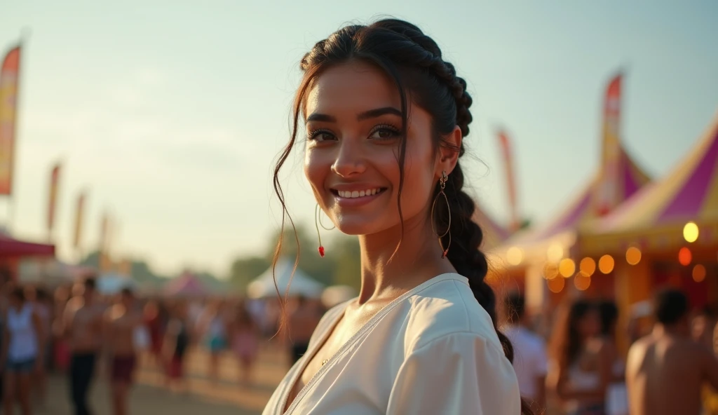((THE MOST BEAUTIFUL GIRL IN THE WORLD),, (AGE 22 YO), (LARGE BREASTS CAN NOT BE VIEWED BY VIEWER), (SEPARATED CLEAVAGE),(CUTE SMILE LIPS PARTIALLY OPEN SEE TEETH),RAW, Neelam Gill, She is wearing a headphone, Beautiful Woman, player's perspective, Lens Flare, f/2.8, 50mm, Leica, Braids, (Masterpiece, Top Quality, High Resolution:1.4), 1 girl, , large breasts, angel, abs, skin pore texture, HD 4K, 8K, photo, cinematic, full body portrait, realistic, (8K, RAW photo, Top Quality, Masterpiece:1.2), (realistic, photo-realistic:1.33), best quality, detailed eyes, cute, natural light, depth of field, film grain, wrinkled skin, headphone, sharp, detailed and realistic woman, staring at camera, ruffled lips, sexy smile, perfect teeth, soft natural light, photography, magic photography, dramatic lighting, photorealism, super detailed, elegant white blouse and tight WR.UP jeans with platform stiletto heels. Neelam Gill is on a outdoor festival