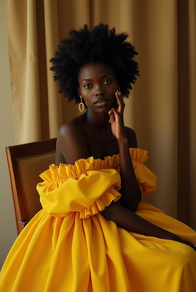 [High resolution fashion editorial photography], [Black female model with deep ebony skin, Natural afro hairstyle, and elegant, discreet makeup], [Dramatic, voluminous yellow dress with ruffles and layered textures, combined with minimalist gold earrings], [indoor environment with warm beige background, creating an intimate and subdued atmosphere], [soft, diffuse lighting with deep shadows, emphasizing the contrast between the model&#39;s skin and the fabric, evoking a melancholic and contemplative mood], [seated pose with one hand gently touching the face, exuding calm confidence and poise], [Shot on Kodak Portra 800 film], [soft yellow, black deep, and warm beige palette]
