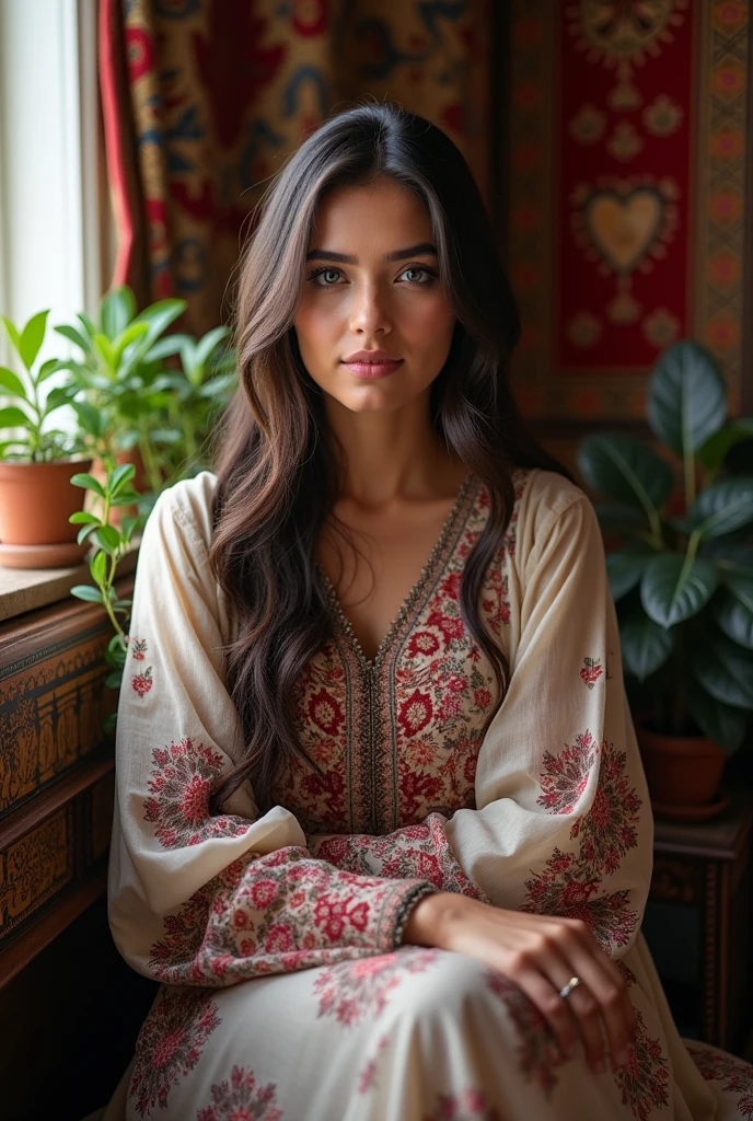A beautiful Baloch female with blue eyes and pink checks sitting at home