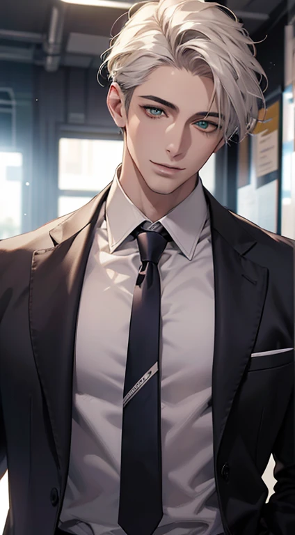 (Highest quality,4K,8K,High resolution,masterpiece:1.2),Super detailed,(Realistic,photoRealistic,photo-Realistic:1.37),1 person,34 years old,Mature Men,Beautiful skin、very handsome,Expressionless smile in love,Short white hair,green eyes,Sharp Eyes,A perfect face without a doubt,Businessman, CEO, Office Background,Cinema Lighting,HDR image,tie、