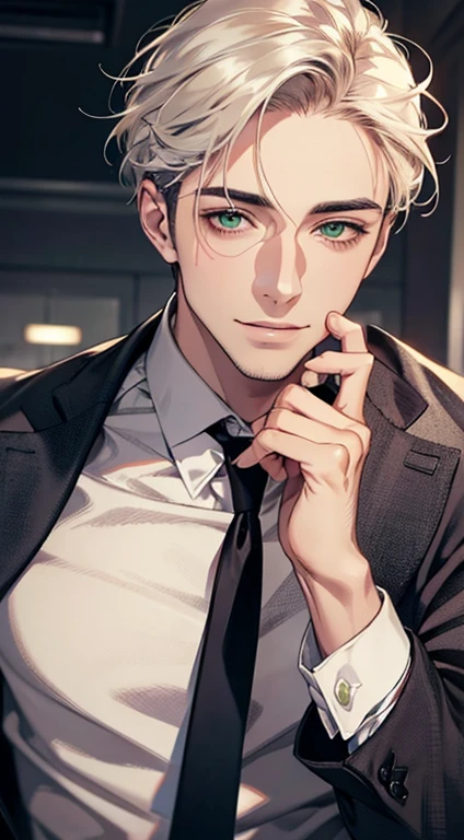 (Highest quality,4K,8K,High resolution,masterpiece:1.2),Super detailed,(Realistic,photoRealistic,photo-Realistic:1.37),1 person,34 years old,Mature Men,Beautiful skin、very handsome,Expressionless smile in love,Short white hair,green eyes,Sharp Eyes,A perfect face without a doubt,Businessman, CEO, Office Background,Cinema Lighting,HDR image,tie、