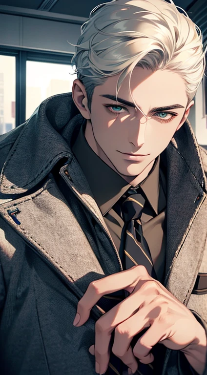 (Highest quality,4K,8K,High resolution,masterpiece:1.2),Super detailed,(Realistic,photoRealistic,photo-Realistic:1.37),1 person,34 years old,Mature Men,Beautiful skin、very handsome,Expressionless smile in love,Short white hair,green eyes,Sharp Eyes,A perfect face without a doubt,Businessman, CEO, Office Background,Cinema Lighting,HDR image,tie、