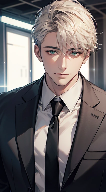(Highest quality,4K,8K,High resolution,masterpiece:1.2),Super detailed,(Realistic,photoRealistic,photo-Realistic:1.37),1 person,34 years old,Mature Men,Beautiful skin、very handsome,Expressionless smile in love,Short white hair,green eyes,Sharp Eyes,A perfect face without a doubt,Businessman, CEO, Office Background,Cinema Lighting,HDR image,tie、