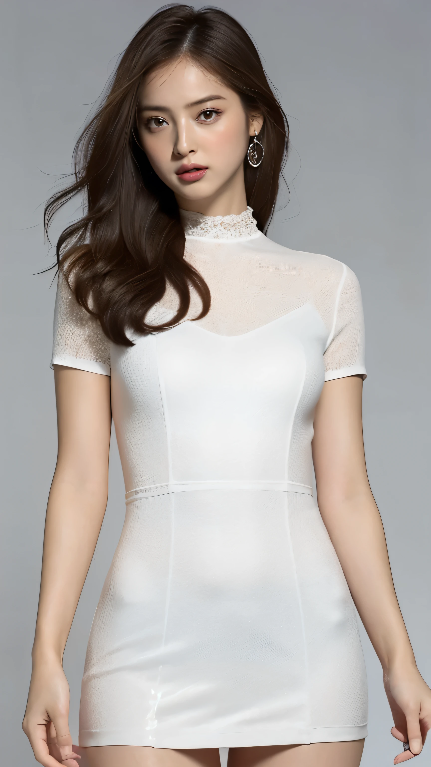 Highest quality,masterpiece,Ultra-high resolution,(Actual:1.4),Original photo,Ultra-high resolution，8K，There are also women，Fair skin、Transparent short-sleeved one-piece white dress
Long legs:1.5，Bright and beautiful，high waist，Flashy makeup，Gray background，