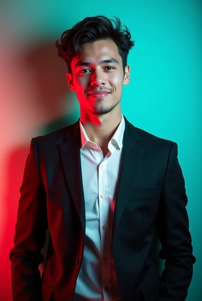 A young man with dark hair and a confident smile He is dressed in a black blazer over a white shirt. The man is positioned against aqua colour backdrop with a subtle red lighting on the left side. and he posing for LinkedIn profile