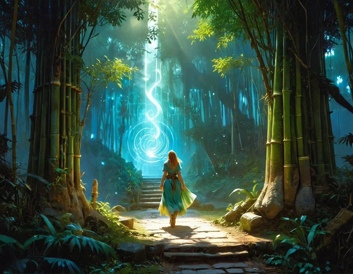 high details, best quality, 16k, [best detailed], masterpiece, best quality, (extremely detailed), a view from the rear (best details, Masterpiece, best quality), photorealistic, fantasy art, RPG art, a picture of a human sorceress sittings in bamboo forest, opening a large (magical doorway: 1.2), with magical runes on it, looking into the (heavens: 1.3), epic beautiful human woman (best details, Masterpiece, best quality), ultra detailed face (best details, Masterpiece, best quality), dynamic hair color, dynamic hair style, dynamic eyes color, dynamic dress (best details, Masterpiece, best quality), bamboo, the magical doorway opens into the heavens and you can see angels flying, glowing arcane sigils GlowingRunes_paleblue, fantasy bamboo forest at night, moon light, moon rays, stars, Ultra-high resolution, High Contrast, (masterpiece:1.5), highest quality, Best aesthetics), 16K fantasy art, best details, best quality, highres, (ultra wide angle: 1.2), 16k, [ultra detailed], masterpiece, best quality, (extremely detailed), Cinematic Hollywood Film