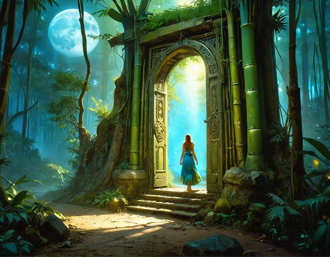 high details, best quality, 16k, [best detailed], masterpiece, best quality, (extremely detailed), a view from the rear (best details, Masterpiece, best quality), photorealistic, fantasy art, RPG art, a picture of a human sorceress sittings in bamboo forest, opening a large (magical doorway: 1.2), with magical runes on it, looking into the (heavens: 1.3), epic beautiful human woman (best details, Masterpiece, best quality), ultra detailed face (best details, Masterpiece, best quality), dynamic hair color, dynamic hair style, dynamic eyes color, dynamic dress (best details, Masterpiece, best quality), bamboo, the magical doorway opens into the heavens and you can see angels flying, glowing arcane sigils GlowingRunes_paleblue, fantasy bamboo forest at night, moon light, moon rays, stars, Ultra-high resolution, High Contrast, (masterpiece:1.5), highest quality, Best aesthetics), 16K fantasy art, best details, best quality, highres, (ultra wide angle: 1.2), 16k, [ultra detailed], masterpiece, best quality, (extremely detailed), Cinematic Hollywood Film