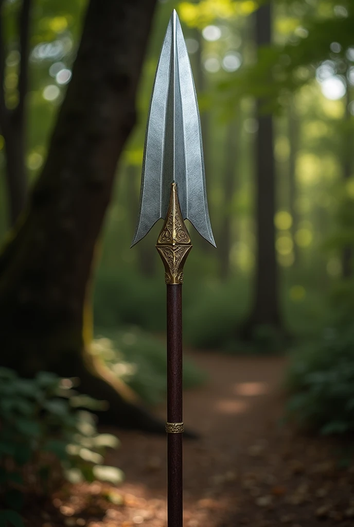 Silver-colored spear with a deep brown handle with golden notches and a long, wide, shiny gray edge.
