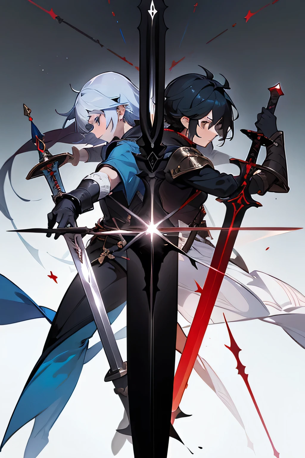 only one person，Two sides of kindness，holy sword，Magic Sword，Concept art of two fantasy greatswords made of ebony iron, The one on the right is thicker, There are three red magic crystals on the left., Weapon Anime Table, Several viewpoints, Dark Fantasy, Great Sword, Weapons in Granblue Fantasy, White background, Anime style 