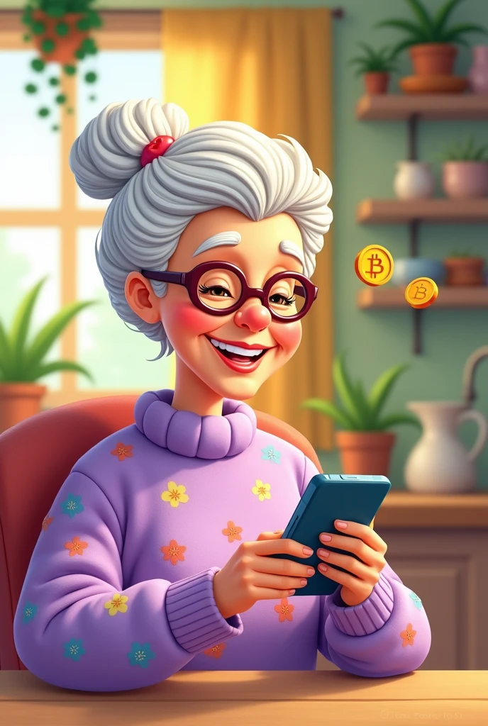 A cartoon grandmother with a smartphone, smiling while purchasing something with cryptocurrency