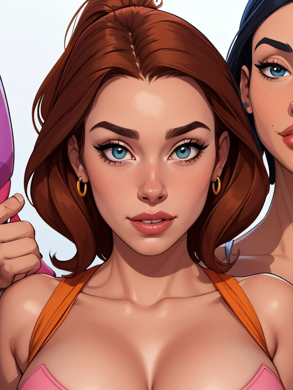 Beautiful portrait mode pose Cartoon character in dynamic pose two women together Jenna Ortega wandinha Adamms om 1,60cm on the left and along with a symmetrical body and beautiful breasts, corpo bem definido, delicado e sensual, estilo de desenho animado, digital illustration Jenna Ortega wandinha Adams Portrait mode