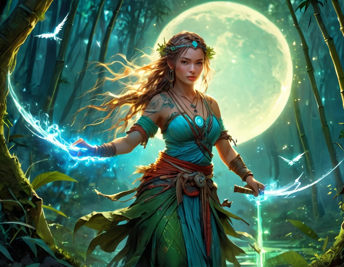 high details, best quality, 16k, [best detailed], masterpiece, best quality, (extremely detailed), a view from the rear (best details, Masterpiece, best quality), photorealistic, fantasy art, RPG art, a picture of a human sorceress sittings in bamboo forest, opening a large (magical doorway: 1.2), with magical runes on it, looking into the (heavens: 1.3), epic beautiful human woman (best details, Masterpiece, best quality), ultra detailed face (best details, Masterpiece, best quality), dynamic hair color, dynamic hair style, dynamic eyes color, dynamic dress (best details, Masterpiece, best quality), bamboo, the magical doorway opens into the heavens and you can see angels flying, glowing arcane sigils GlowingRunes_paleblue, fantasy bamboo forest at night, moon light, moon rays, stars, Ultra-high resolution, High Contrast, (masterpiece:1.5), highest quality, Best aesthetics), 16K fantasy art, best details, best quality, highres, (ultra wide angle: 1.2), 16k, [ultra detailed], masterpiece, best quality, (extremely detailed), Cinematic Hollywood Film