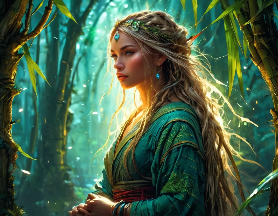high details, best quality, 16k, [best detailed], masterpiece, best quality, (extremely detailed), a view from the rear (best details, Masterpiece, best quality), photorealistic, fantasy art, RPG art, a picture of a human sorceress sittings in bamboo forest, opening a large (magical doorway: 1.2), with magical runes on it, looking into the (heavens: 1.3), epic beautiful human woman (best details, Masterpiece, best quality), ultra detailed face (best details, Masterpiece, best quality), dynamic hair color, dynamic hair style, dynamic eyes color, dynamic dress (best details, Masterpiece, best quality), bamboo, the magical doorway opens into the heavens and you can see angels flying, glowing arcane sigils GlowingRunes_paleblue, fantasy bamboo forest at night, moon light, moon rays, stars, Ultra-high resolution, High Contrast, (masterpiece:1.5), highest quality, Best aesthetics), 16K fantasy art, best details, best quality, highres, (ultra wide angle: 1.2), 16k, [ultra detailed], masterpiece, best quality, (extremely detailed), Cinematic Hollywood Film