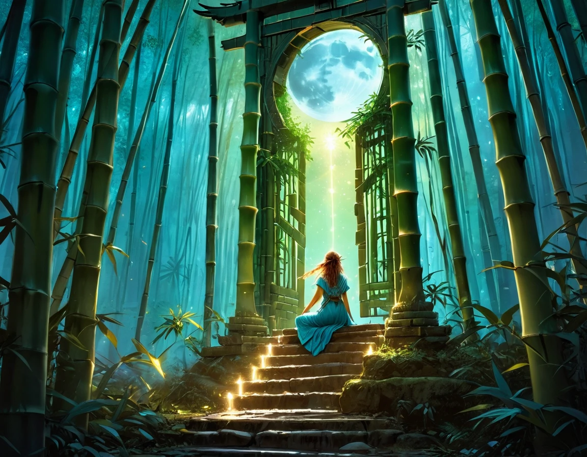  picture of a human sorceress sittings in (bamboo forest: 1.3), opening a large magical doorway, with magical runes on it, looking into the (heavens: 1.3), fantasy art, RPG art, an epic beautiful human woman (best details, Masterpiece, best quality), ultra detailed face (best details, Masterpiece, best quality), dynamic hair color, dynamic hair style, dynamic eyes color, dynamic dress (best details, Masterpiece, best quality), bamboo, the magical doorway opens into the heavens and you can see angels flying, glowing arcane sigils GlowingRunes_paleblue, fantasy bamboo forest at night, moon light, moon rays, stars, Ultra-high resolution, High Contrast, (masterpiece:1.5), highest quality, Best aesthetics), 16K fantasy art, best details, best quality, highres, (ultra wide angle: 1.2), 16k, [ultra detailed], masterpiece, best quality, (extremely detailed), Cinematic Hollywood Film
