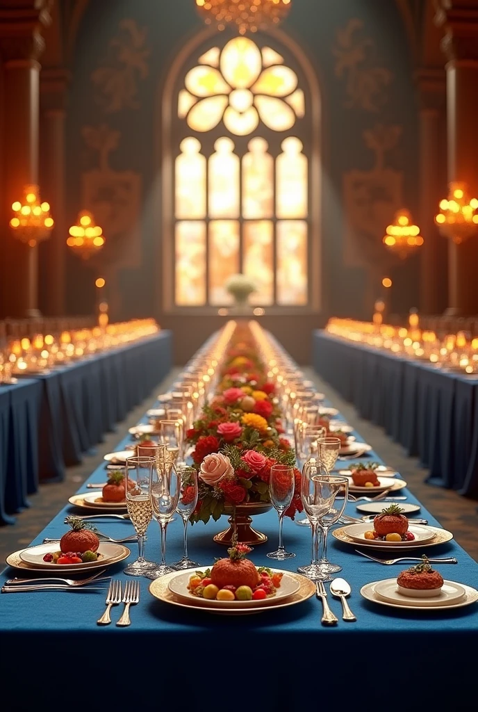 (photorealism:1.2), two dinner table, rectangular tables, long tables, royals, divine light, blue table cloth, food, wine, divine