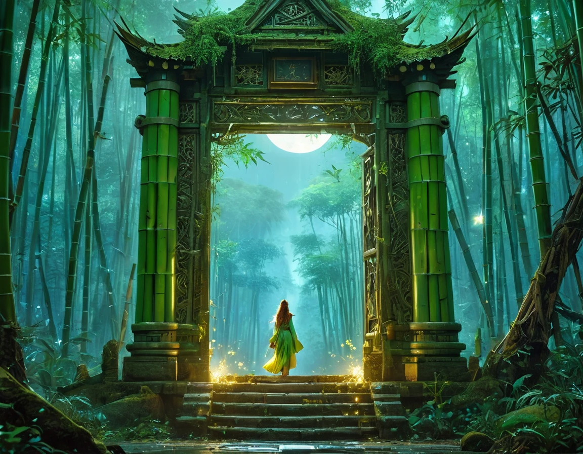 high details, best quality, 16k, [best detailed], masterpiece, best quality, (extremely detailed), a view from the rear (best details, Masterpiece, best quality), photorealistic, fantasy art, RPG art, a picture of a human sorceress sittings in bamboo forest, opening a large (magical doorway: 1.2), with magical runes on it, looking into the (heavens: 1.3), epic beautiful human woman (best details, Masterpiece, best quality), ultra detailed face (best details, Masterpiece, best quality), dynamic hair color, dynamic hair style, dynamic eyes color, dynamic dress (best details, Masterpiece, best quality), bamboo, the magical doorway opens into the heavens and you can see angels flying, glowing arcane sigils GlowingRunes_paleblue, fantasy bamboo forest at night, moon light, moon rays, stars, Ultra-high resolution, High Contrast, (masterpiece:1.5), highest quality, Best aesthetics), 16K fantasy art, best details, best quality, highres, (ultra wide angle: 1.2), 16k, [ultra detailed], masterpiece, best quality, (extremely detailed), Cinematic Hollywood Film