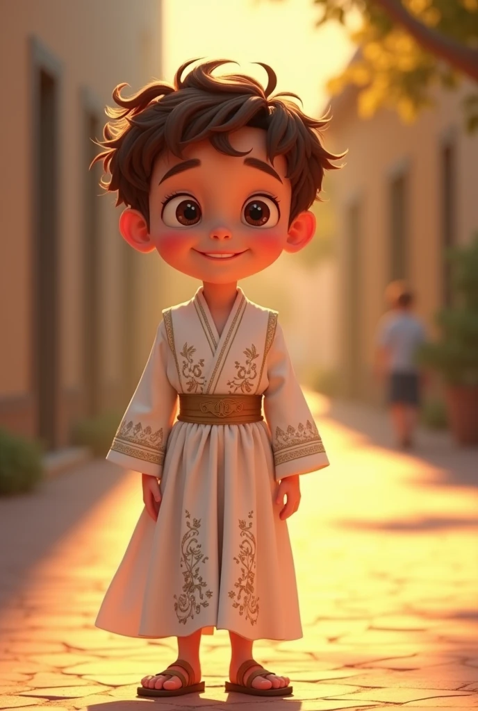 a young jew, , Pixar-style, Caucasian skin, short wavy brown hair, wearing a white Jewish dress, Full-body image, happy and welcoming expression, detailed facial features, complex clothing folds, warm lighting, film composition, rewarded photography.