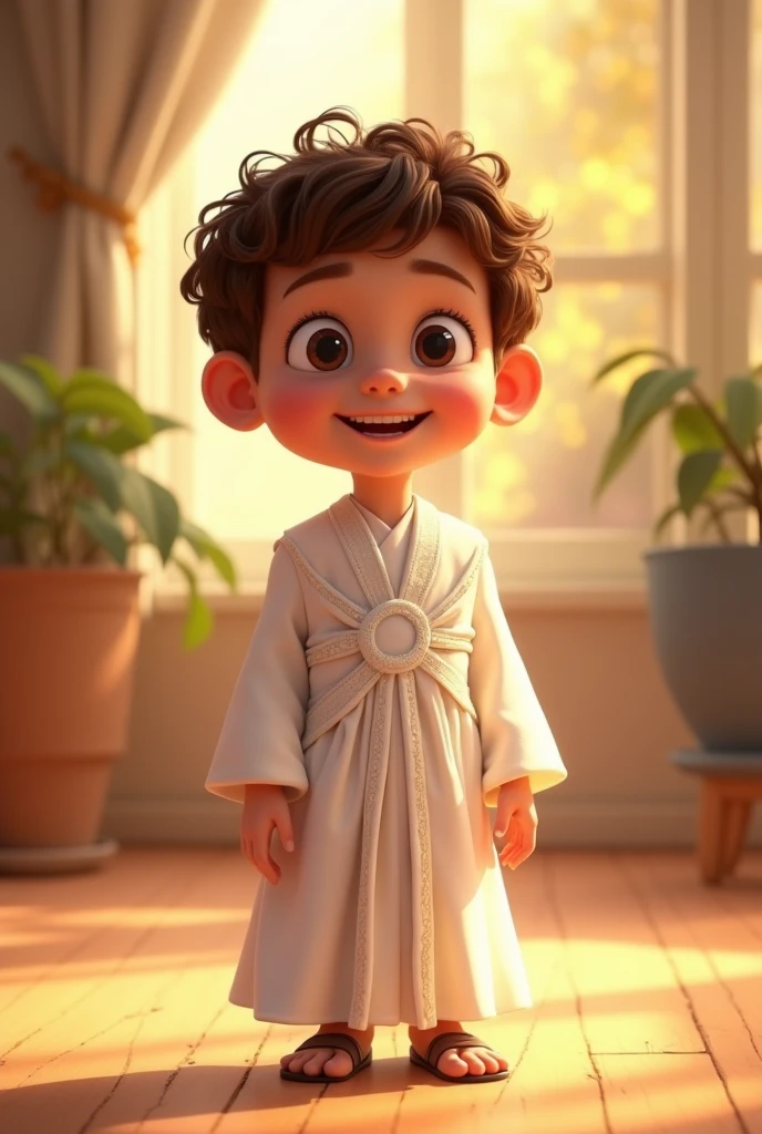 a young jew, 7 years old, Pixar-style, Caucasian skin, short wavy brown hair, wearing a white Jewish dress, Full-body image, happy and welcoming expression, detailed facial features, complex clothing folds, warm lighting, film composition, rewarded photography.