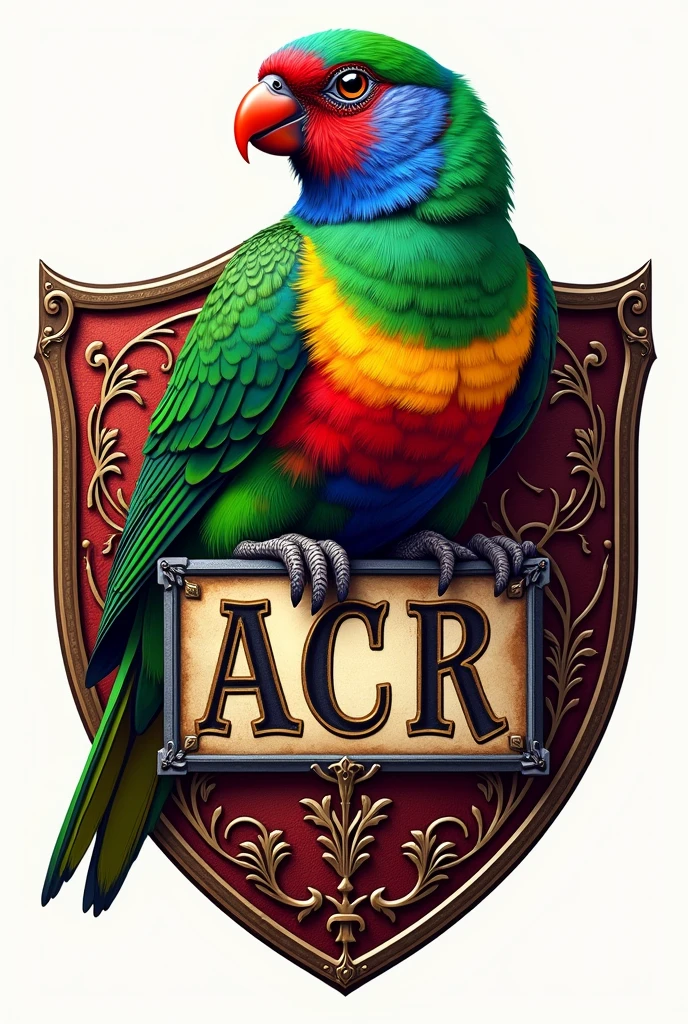Logo containing a bird 7 colors Gouldian finch, The title of the logo is ACR enclosed in a medieval shield