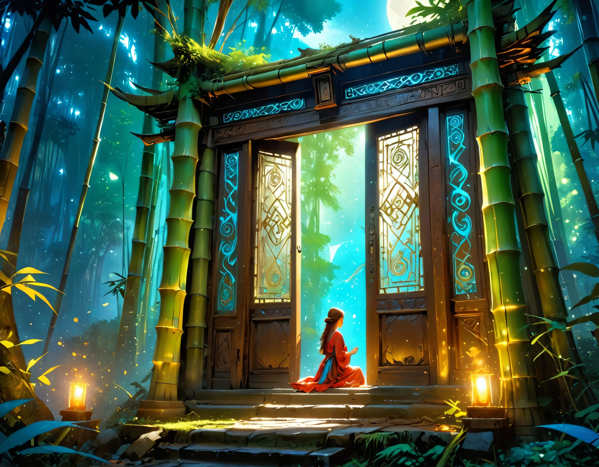 high details, best quality, 16k, [best detailed], masterpiece, best quality, (extremely detailed), a view from the rear (best details, Masterpiece, best quality), photorealistic, fantasy art, RPG art, a picture of a human sorceress sittings in bamboo forest, opening a large (magical doorway: 1.2), with magical runes on it, looking into the (heavens: 1.3), epic beautiful human woman (best details, Masterpiece, best quality), ultra detailed face (best details, Masterpiece, best quality), dynamic hair color, dynamic hair style, dynamic eyes color, dynamic dress (best details, Masterpiece, best quality), bamboo, the magical doorway opens into the heavens and you can see angels flying, glowing arcane sigils GlowingRunes_paleblue, fantasy bamboo forest at night, moon light, moon rays, stars, Ultra-high resolution, High Contrast, (masterpiece:1.5), highest quality, Best aesthetics), 16K fantasy art, best details, best quality, highres, (ultra wide angle: 1.2), 16k, [ultra detailed], masterpiece, best quality, (extremely detailed), Cinematic Hollywood Film