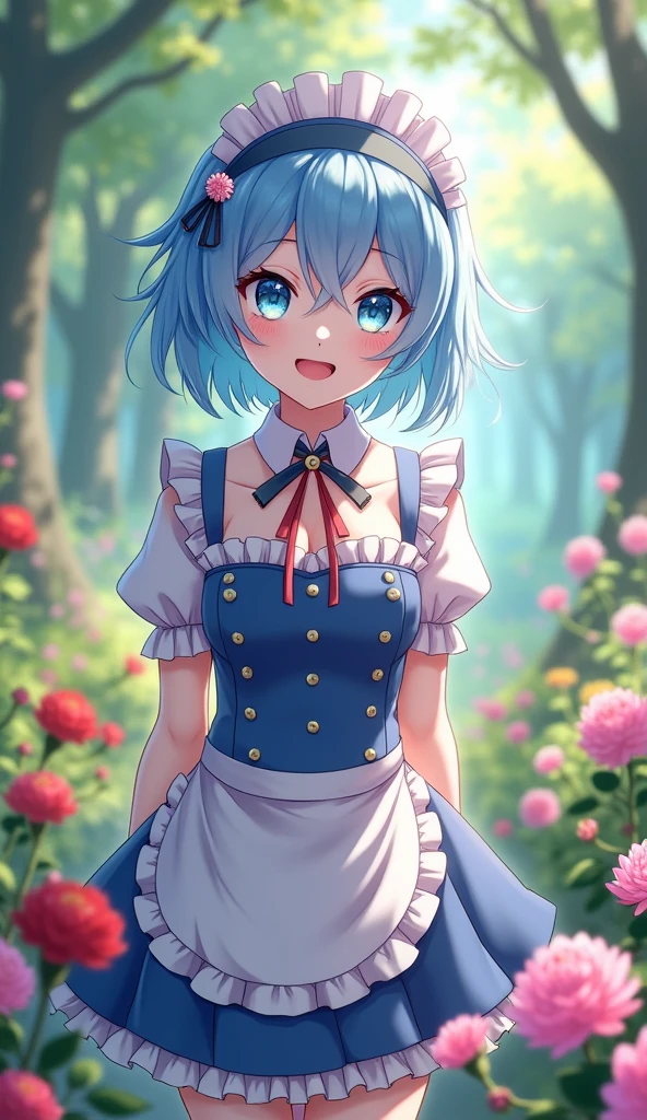 (best quality, ultra-detailed, photorealistic: 1.39), bright and vibrant colors, studio lighting, romantic expression, An effeminate girl, with a delicate and beautiful face. She is a girl who reflects seductive beauty, Rem from anime Re-Zero, a seductive modern woman with her short light blue hair, with her big round breasts seduces, with hair accessories, with her blue eyes and her beautiful smile, bangs cover her right eye, isekai anime maid uniform, in the beautiful magical garden in charming pose, anime style, Anime