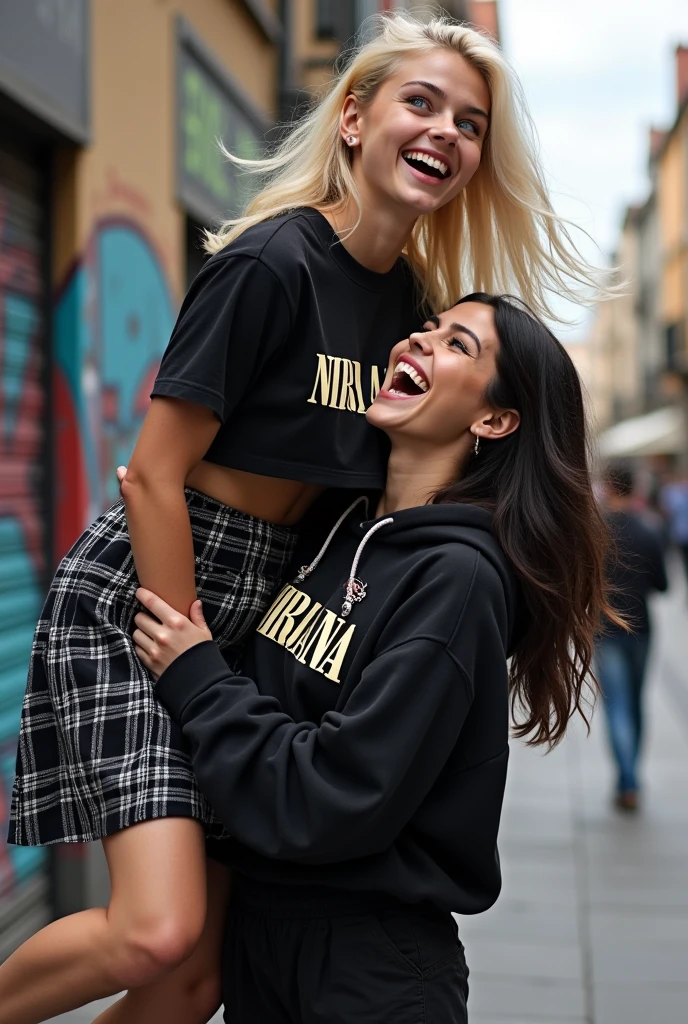 blonde girl, blue eyes, black glued top, with white letters saying "Nirvana", with a black checkered skirt with white lines, free hair, while being carried by a white-skinned girl with black hair and red eyes, which is dressed in a black sweatshirt that says "Nirvana" with white letters and black cargo pants, free hair lizo, both 23 years old