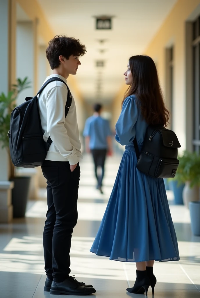 A 23-year-old boy with very white skin, and dark brown wavy hair dressed in a white sweatshirt and black pants and a black backpack, It is located in the university hallway, The boy is looking into the distance at a girl with long, very straight dark brown hair. , She is dressed in a blue blouse and a long blue skirt and black boots with a black backpack. , In the distance you can see a boy watching them.