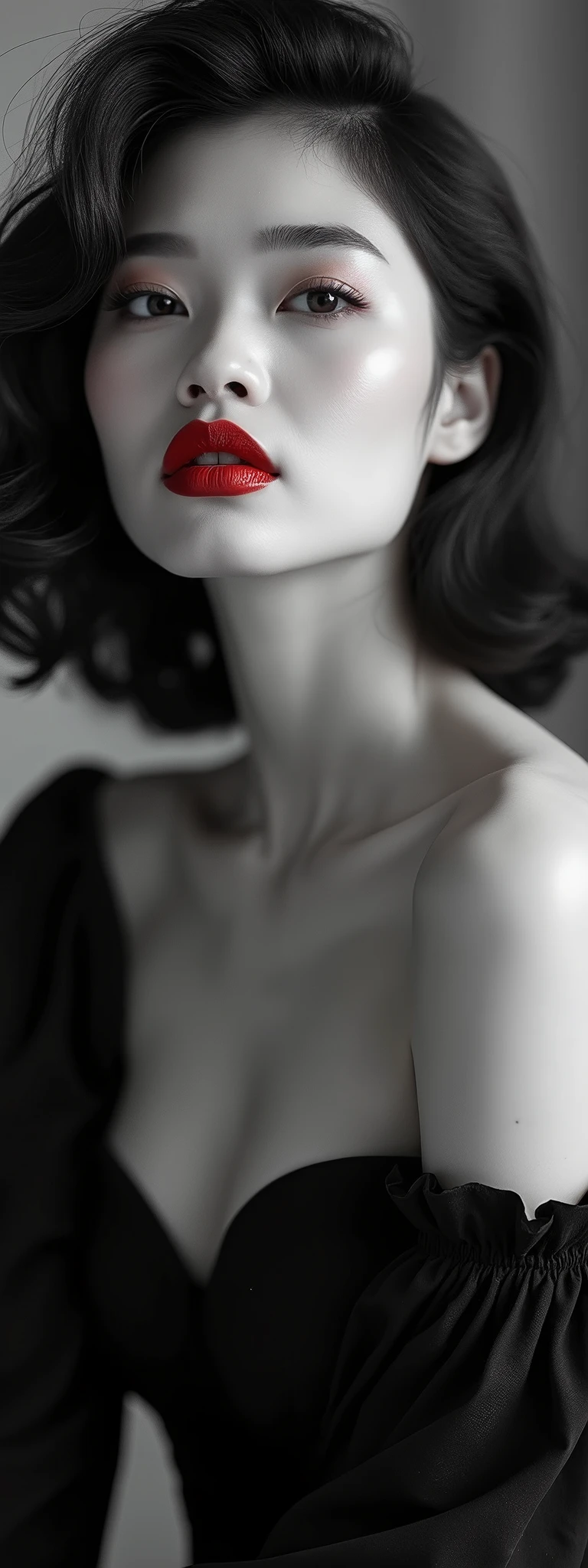Sublime very sexy Asian woman, lèvres détaillées, yeux détaillés, cil détaillé, Visage détaillé, sublime and detailed Body, long cheveux noirs, visage de séduction, ((Rouge à lèvres rouge brillant :2.0, rouge à lèvres brillant)), photo du milieu du corps, ((apportez un costume)),(( photo noir et Blanc, Black and White)), (((photo noir et Blanc : 2.0, Black and white photo :2.0, rouge brillant uniquement sur le rouge à lèvres, B/W, B&W))) , SFW
