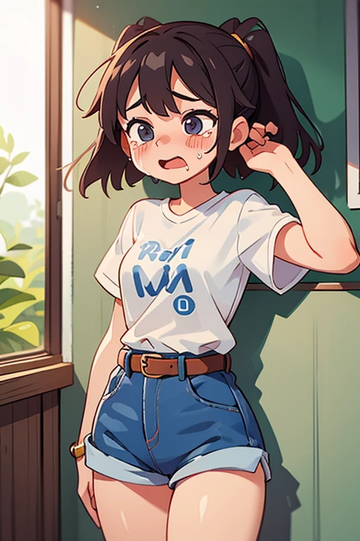 (:1.4),(Very Young Face),japanese femes idol, 1girl, (absurdres, highres, ultra detailed, high resolution: 1.1) BREAK 1 girl, solo, medium breasts, shy, BREAK brown hair, medium hair, hair between eyes, brown eyes, BREAK T-shirt, denim miniskirt, white or pale pink or pale blue panties, BREAK pantydrop, standing, arm up, pussy, pussy line, BREAK nice hands, perfect hands,(perfect anatomy:1.4),(Beauty of form:1.4) Golden ratio,