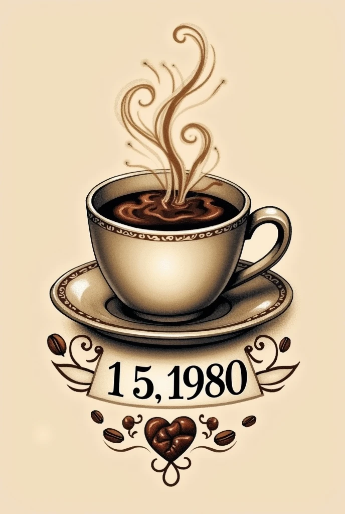 Tattoo design of a cup of coffee with the date 1/5/1980 down