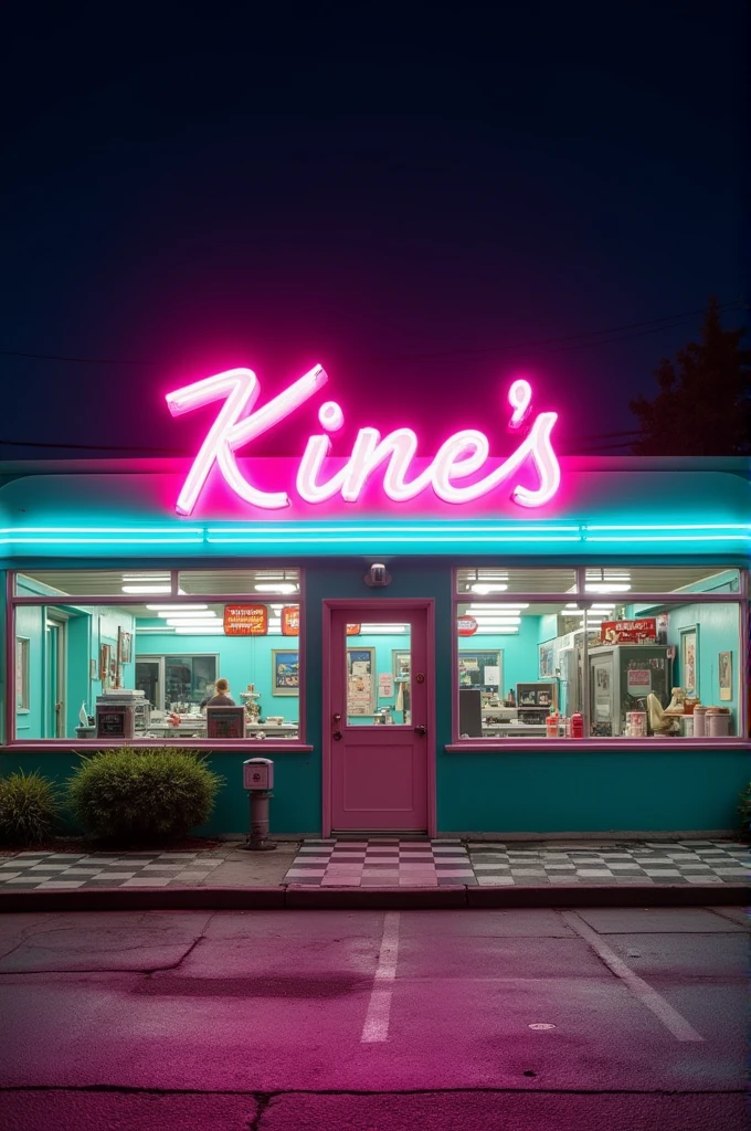 White facade at night of a 50&#39;s and 60&#39;s themed diner, the entrance is centered, Inside you can see aqua and pink cabinets and black and white flooring., There are no people or cables and there is nothing outside, You can see the neon letter logo that says "Kinn&#39;s Diner" pink color and two aqua colored lines below, to be seen from the front 