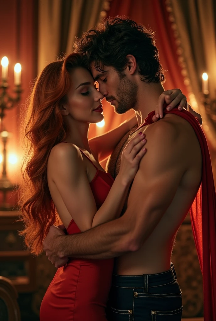 In a boudoir, a pale woman, with red hair and wearing black lingerie, kiss a tall hispanic man, with wavy hair 