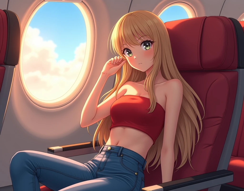 anime girl wearing a red tube top and jeans, long blonde hair, neutral face, busty, sitting in an airplane, exposed midriff.