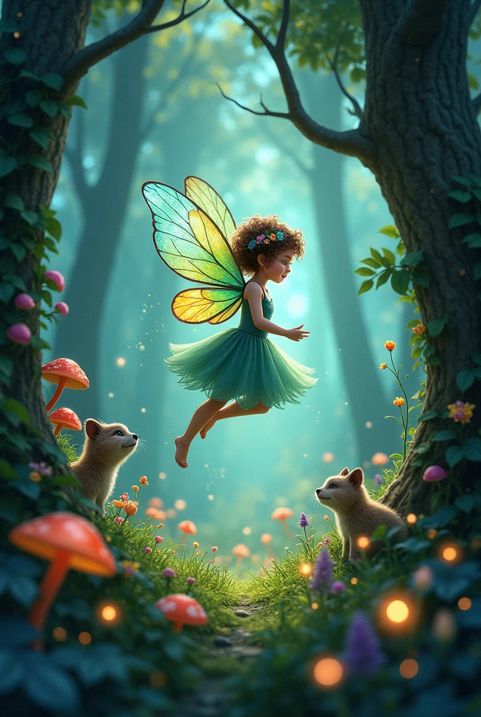 a close up of a fairy flying through a forest with a cat, childrens art in artstation, fairytale artwork, magic fairy forest, forest fairy, cute digital art, flying fairies, fairy dancing, beautiful digital artwork, beautiful fantasy art, digital art fantasy art, beautiful fairy, magical fairy background, adorable digital painting, fantasy art behance, very beautiful fantasy art