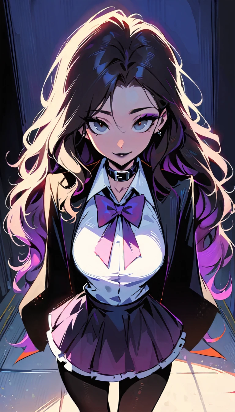 (high quality, 8k, 4K, high contrast, artwork:1.2, high quality, best aesthetics), (centered), ((1 woman)), erotic, sensual, mature body, grown woman, super detailed, beautiful face detailed, beautiful eyes detailed, detailed beautiful mouth, (long black wavy hair), (purple streaks in her hair), (black eyes), (black eyeliner), (purple eyeshadow), (black lipstick), (relaxed expression), (simple white shirt with collar), (black jacket), (purple bow tie), (black ruffle skirt), (black leggings), (standing), (front view), (looking at the viewer), (piercing gaze)