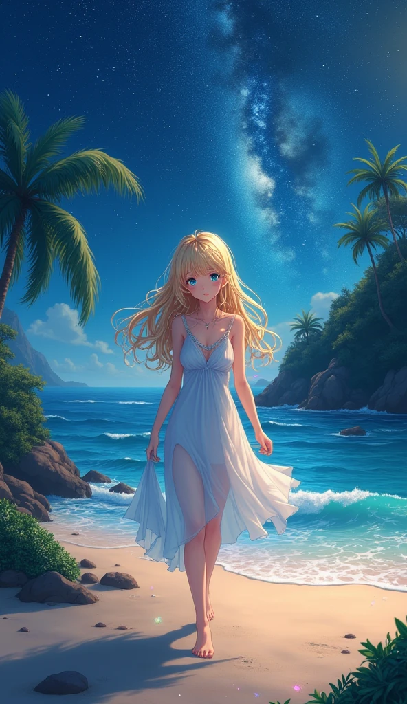 (masterpiece、Highest quality、8k、High resolution)、(The best beautiful girl)、Best Style、(The most beautiful face)、Clear skin、Clean blue eyes、Beautiful lips、Beautiful nose、Blonde Hair、Walking on the sand、Ocean、You can see the forest、A bright night with stars visible、Beautiful starry sky、milky way、(体whole bodyから神秘的な光の粒子、Colorful Light)、The face is illuminated and looks beautiful、(jewelry、necklace)、dress、(whole body)、Highly detailed anime art、A complete portrayal、