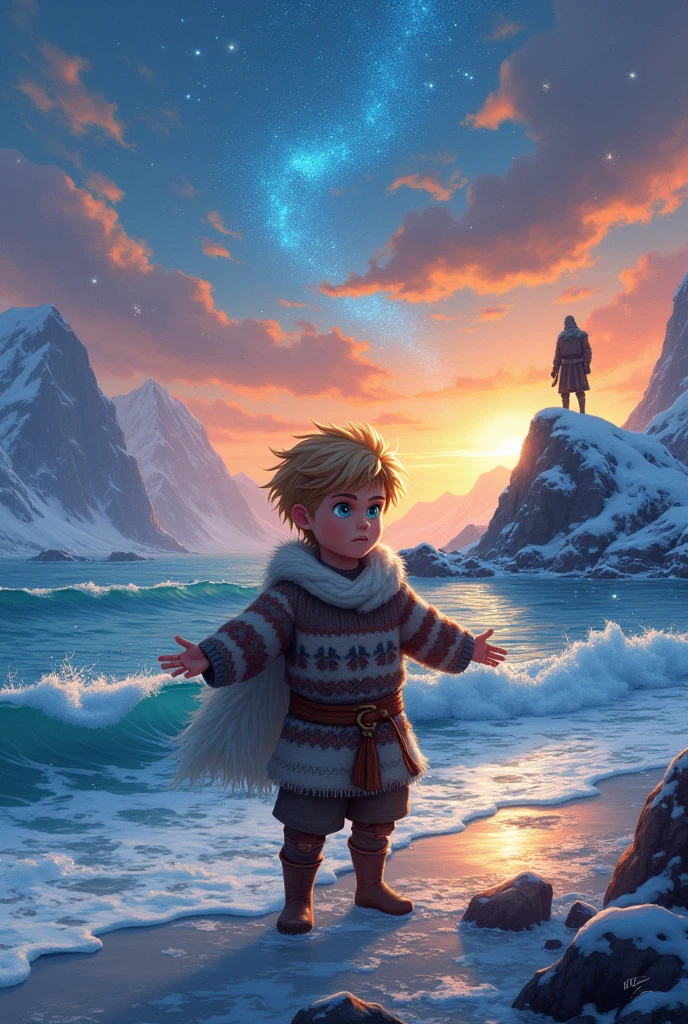 **Title: The Little Jarl**

**Synopsis:**
In a distant, frozen land, where the sea meets the mountains, lives a young Viking known as the Little Jarl. He was not like the other warriors in his village.. While the other Vikings dreamed of conquests and treasures, Little Jarl dreamed of deeper adventures: he wanted to understand the meaning of courage, of honor and life.

**Chapter 1: The Meeting with the North Wind**

Once upon a time, in a village surrounded by majestic fjords, a viking boy named Jarl. Jarl was known by everyone as a curious boy, always questioning the traditions of his people and seeking answers in the most unlikely places. One day, as he walked alone along the seashore, he met the North Wind, that blew hard, carrying with it the scent of distant lands.

"Who are you?", asked Jarl, Without fear, facing the wind.

"I am the North Wind", replied the cold breeze, "the one who carries the secrets of all lands and seas. But few are those who dare to listen to me."

Jarl, with his determined gaze, asked the North Wind to take him on a journey to discover what it truly meant to be a Viking. The North Wind, impressed by the boy&#39;s courage, agreed.

**Chapter 2: the Keeper of the Stars**

The North Wind soprou com força, taking Jarl to a high mountain, where a wise old man lived, the Keeper of the Stars. He was a man with hair as silver as snow and eyes that shone like the constellations..

"What are you looking for?, Young Jarl?", asked the Guardian.

"I want to understand the meaning of courage and honor", Jarl replied.

the Keeper of the Stars sorriu e apontou para o céu. "As estrelas, as well as the lives of men, follow a path. Some shine brightly, but they fade away quickly. others, although more discreet, light up the sky for ages. True courage is not fighting to the end, but rather choose the path that your heart guides you, even if it is