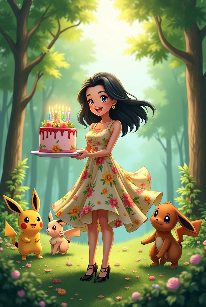 CREATE A BIRTHDAY ART OF A WHITE WOMAN WITH BLACK HAIR, LEO SIGN, IN NATURE AND WHO LIKES POKEMONS, THAT IS A LITTLE FAT