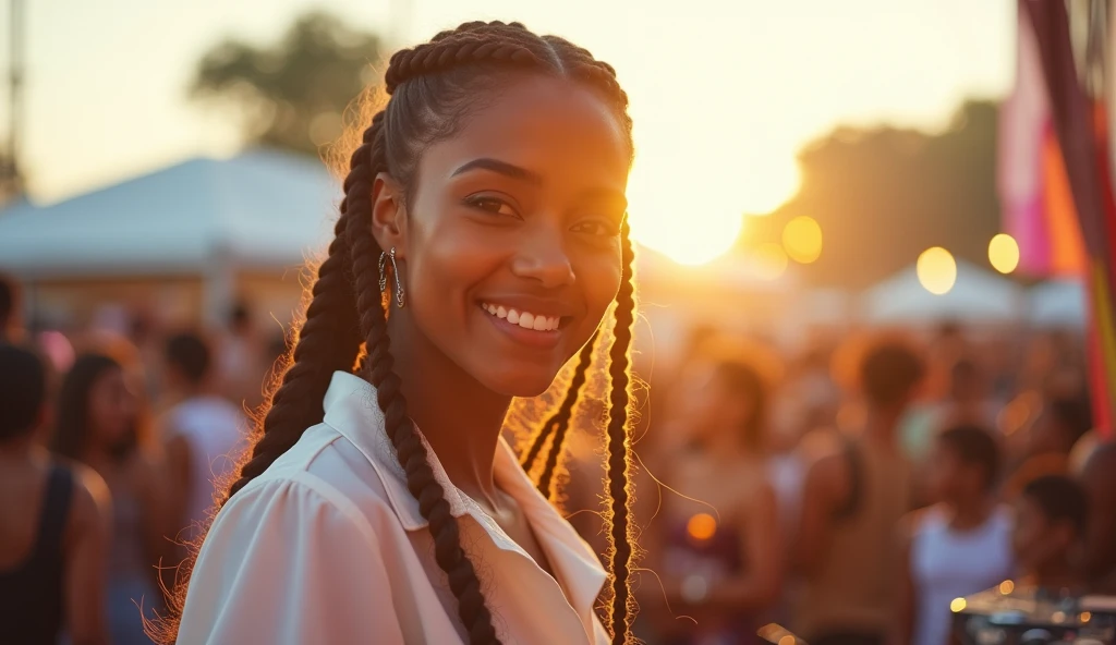 ((THE MOST BEAUTIFUL GIRL IN THE WORLD),, (AGE 22 YO), (LARGE BREASTS CAN NOT BE VIEWED BY VIEWER), (SEPARATED CLEAVAGE),(CUTE SMILE LIPS PARTIALLY OPEN SEE TEETH),RAW, Neelam Gill is the DJ with headphones on. In front of a console. Beautiful Woman, player's perspective, Lens Flare, f/2.8, 50mm, Leica, Braids, (Masterpiece, Top Quality, High Resolution:1.4), 1 girl, , large breasts, angel, abs, skin pore texture, HD 4K, 8K, photo, cinematic, full body portrait, realistic, (8K, RAW photo, Top Quality, Masterpiece:1.2), (realistic, photo-realistic:1.33), best quality, detailed eyes, cute, natural light, depth of field, film grain, wrinkled skin, headphone, sharp, detailed and realistic woman, staring at camera, ruffled lips, sexy smile, perfect teeth, soft natural light, photography, magic photography, dramatic lighting, photorealism, super detailed, elegant white blouse and tight WR.UP jeans with platform stiletto heels. Neelam Gill is on a outdoor festival