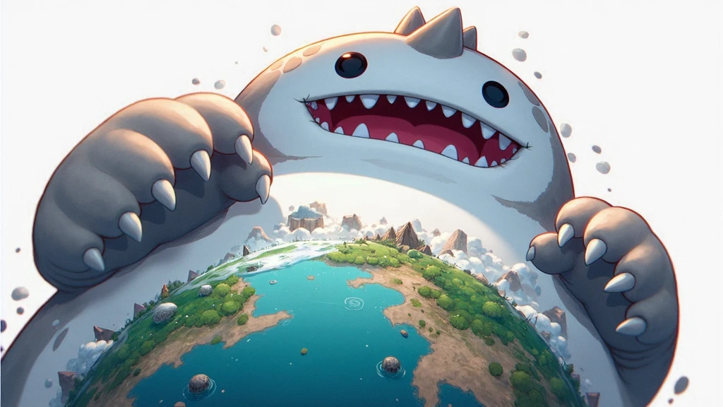 A cute giant monster with a prominently large belly, lying on its side attempting to crush a continent, as seen from the lowest perspective
