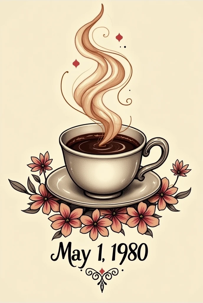 Tattoo design of a cup of coffee with the date May 1, 1980 below
