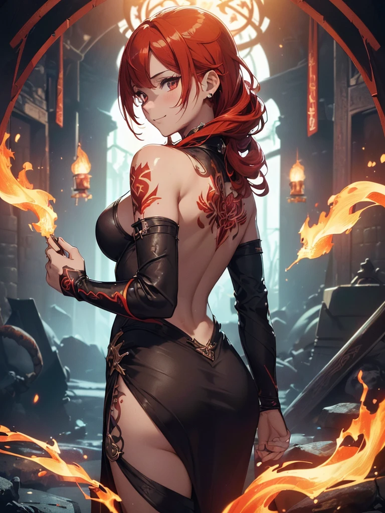 (((best quality, sharp image, clear image, cinematic lighting, 8k resolution, masterpiece, ultra detailed, intricate))) Girl, (((looking over left shoulder))), (shot from behind), fire mage, ((intricate background)), ((chaotic background)), red hair, smiling, ((flame runes, flame sigils)), (tatoo on back), slime figure, flying sigils